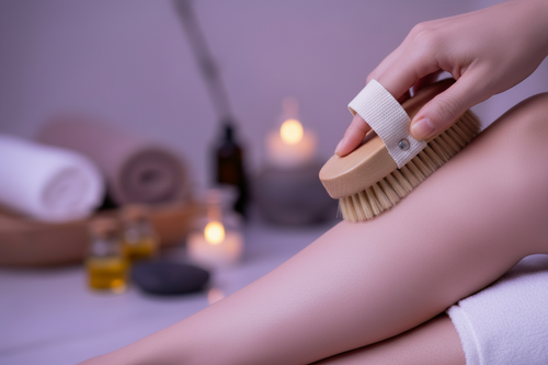 Person using a round wood dry brush on their leg with a blurred background of candles and stones in a lavender spa.
